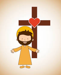 presenta una ilustración infantil de Jesús con un halo, túnica naranja y brazos abiertos, sonriendo. 